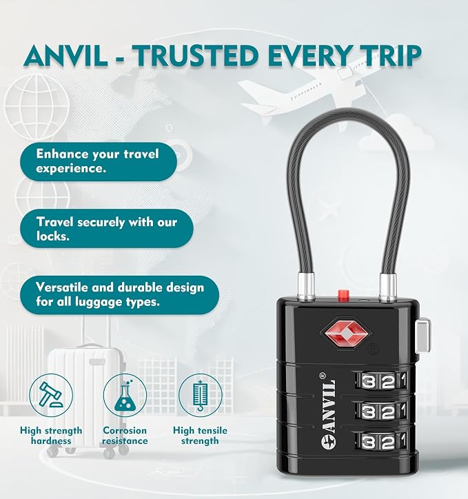 ANVIL TSA Approved Luggage Locks – High Security TSA008 Combination Travel Locks with Inspection Indicator for Suitcases and Backpacks. (3, Black) - Image 4