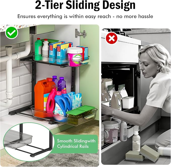 ARSTPEOE 2 Pack Double Sliding Under Sink Organizers and Storage,Two Tier Bathroom Storage and organization,Under Cabinet Organizer, Clear - Image 4