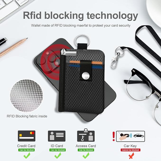 Minimalist RFID Blocking Small Wallet with ID Window,WaterResistant Zip Id Case Wallet with Lanyard Keychain for Cards,Cash,Travel,Women,Men (Black/DarkGrey) - Image 4
