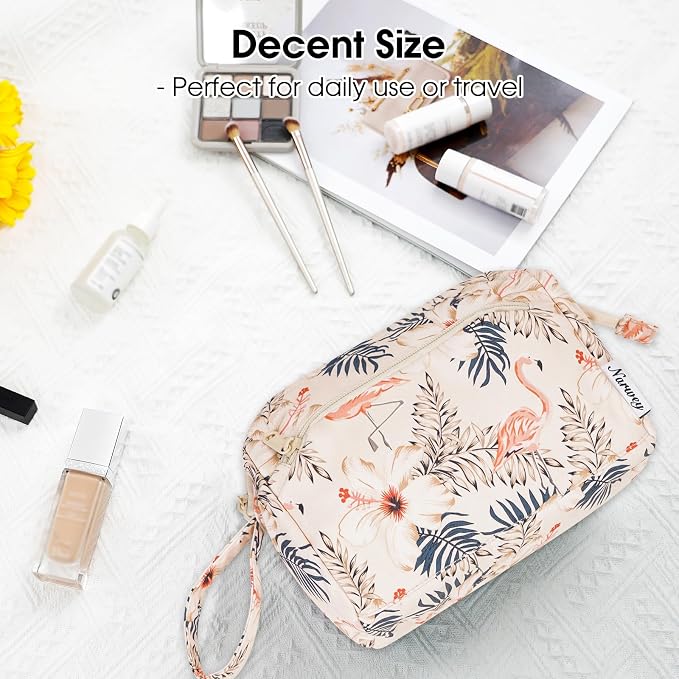 Narwey Women Makeup Bag Wide-open Make up Bag Travel Cosmetic Organizer Toiletry Bag for Cosmetics Toiletries Accessories (Beige Flamingo) - Image 7