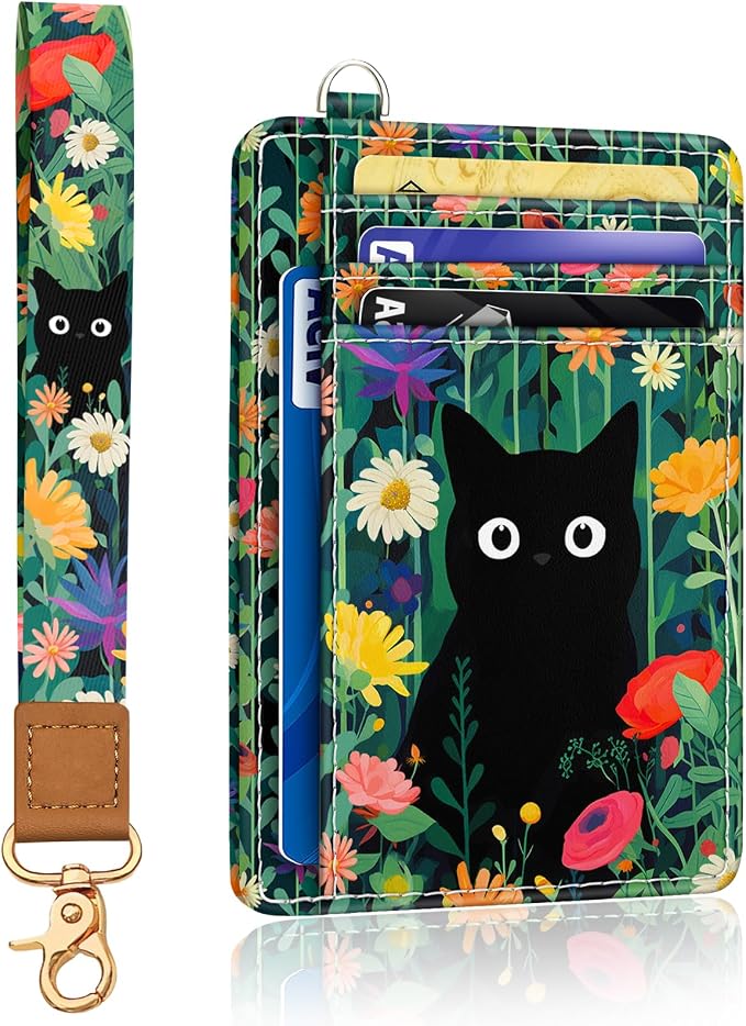 Yonlevres Cat Credit Card Holder Slim RFID Wallet Women Wristlet Cute Small | Front Pocket, Handy, RFID Blocking, Woman Girls Ladies Gifts, D-ring for Keychain,Thin Mini Card Case, ID Window, PU Leather by Yonlevres