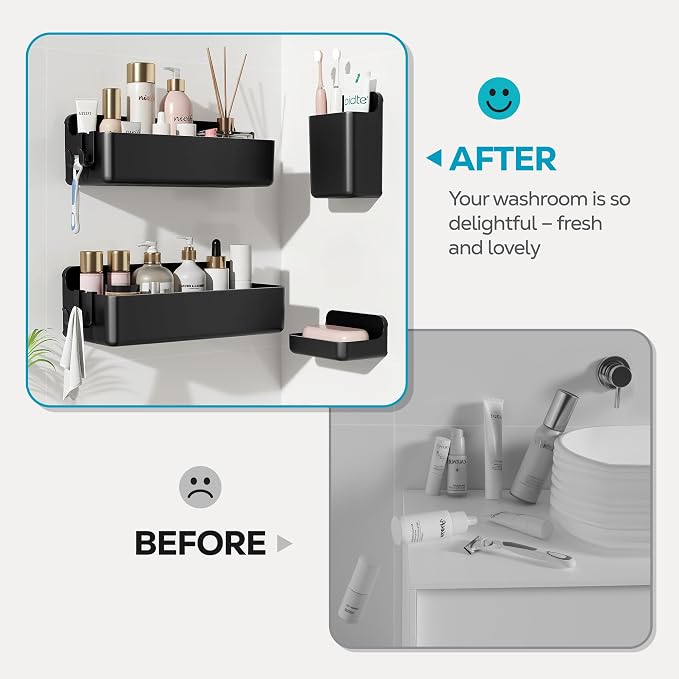 Nieifi Adhesive Shower Shelves, Black, 4 Pieces | Rustproof ABS, Large Capacity, Removable Design, Easy-Clean, No Drilling Shower Organizer for Bathroom Storage & Home Decor - Image 7