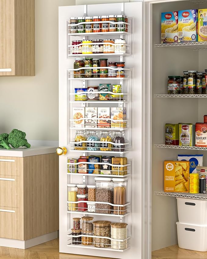 Moforoco White Narrow 9-Tier Over The Door Pantry Organizer, Pantry Organization and Storage, Metal Hanging Basket Wall Spice Rack Seasoning Shelves, 12.2" by MOFOROCO