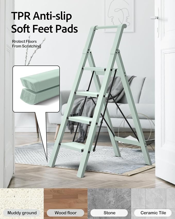 Taranta 4 Step Ladder,Aluminum Step Stool Foldable-Fairyland Green | Lightweight Folding Ladder with Convenient Handgrip,Wide Top Pedal,330lbs Capacity Stepladder for Home,Office,Kitchen - Image 7
