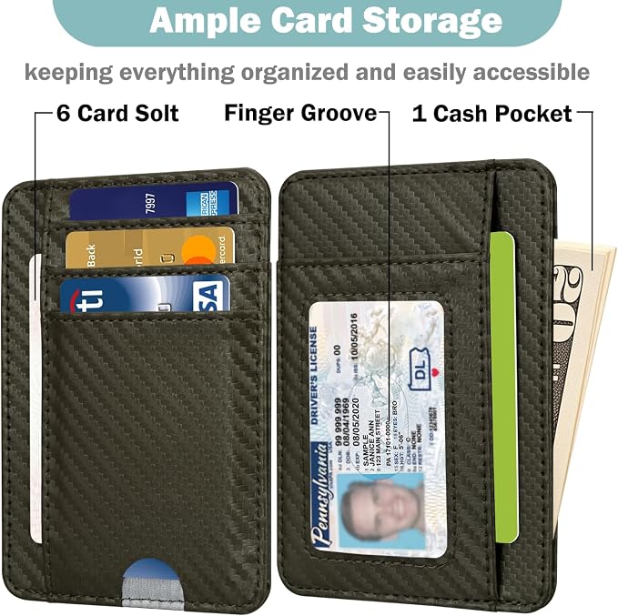 HOTCOOL Slim Wallet for Men, Minimalist Front Pocket Simple Leather Credit Card Holder RFID Blocking for Men & Women, Thin Organizer Gifts, Carbon Fiber - Gray - Image 2