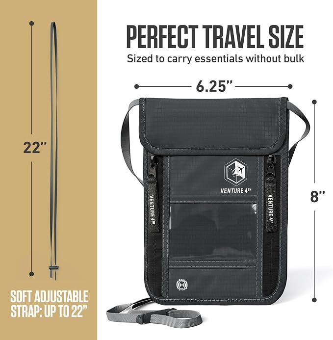 VENTURE 4TH Travel Neck Wallet, RFID Blocking Passport Holder - Gray - Image 3