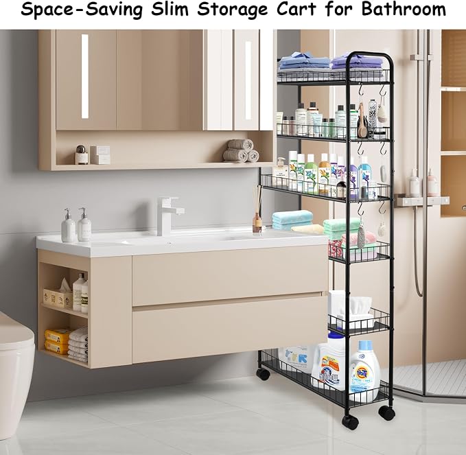 6 Tier Rolling Storage Cart on Wheels, Slim Tall Narrow Storage Shelf for Small Spaces, Metal Utility Cart Freestanding Mobile Shelving Rack with Wheels for Kitchen, Bathroom, Laundry Room - Image 3