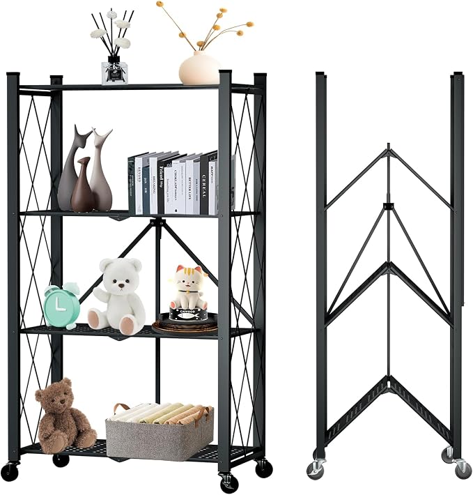 4 Tier Foldable Storage Shelf with Wheels, Metal Steel Collapsible Shelves | Heavy Duty Folding Shelf Loads 600 LBS, Rolling Standing Utility Rack for Kitchen, Pantry, Office, Black by YUANJIMI