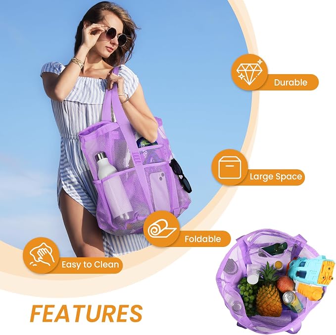 Tavaleu Mesh Beach Bag, Large Capacity Beach Tote, Multi Pockets, Sandproof | Mesh Material, Multiple Storage Pockets, Lightweight & Foldable Design, For Beach & Pool Use, Easy to Clean & Quick Dry - Image 6