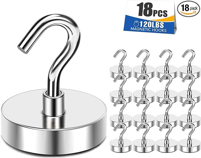Magnetic Hooks 120lbs Strong Magnets Hook 18 Pack | Heavy Duty Extra Strong Cruise Hook for Hanging Industrial Metal Refrigerator Hooks for Cruise Cabins Fridge by MIKEDE