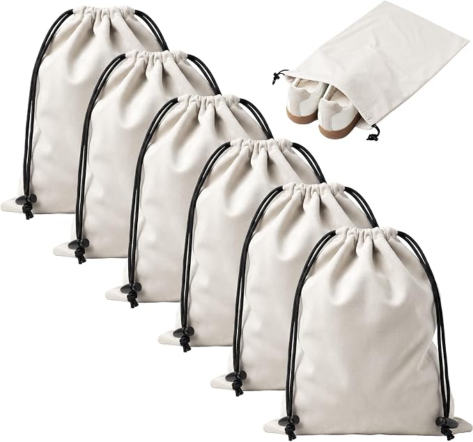 6 PCS Flannel Cloth Shoe Bags for Travel & Packing for Women & Men | 17.7 x 13.8 in | Fits One Pair up to Men's US Size 13 | Drawstring | Dust Resistant | Washable & Reusable | Closet Storage by Unknown