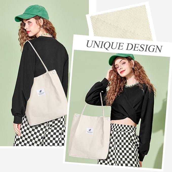 LHMTQVK Corduroy Tote Bags for Women, Large Capacity Tote Purse Reusable Grocery Shoulder Bag with Inner Pockets - Image 7