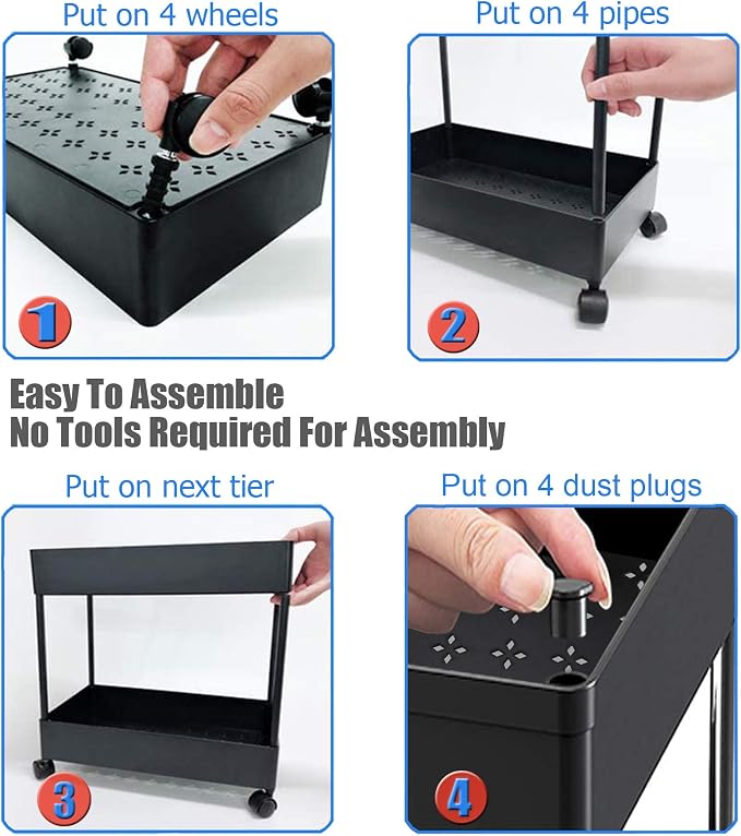 4 Tier Slim Rolling Utility Kitchen Cart Bathroom Organizer for Narrow Places Multipurpose Storage Shelve Mobile Trolley for Bedroom Laundry Office Restaurant Garage Pantry (Black) - Image 7
