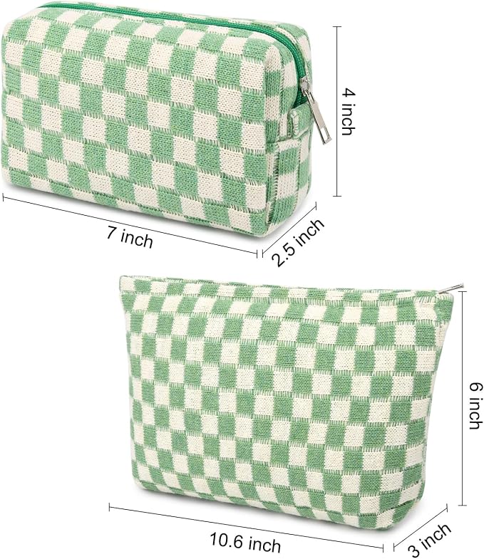 SOIDRAM 2 Pcs Checkered Makeup Bag Large Cosmetic Bag Toiletry Bag Makeup Pouch Travel Bag Organizer Cute Makeup Brushes Aesthetic Accessories Storage Bag for Women Green - Image 2