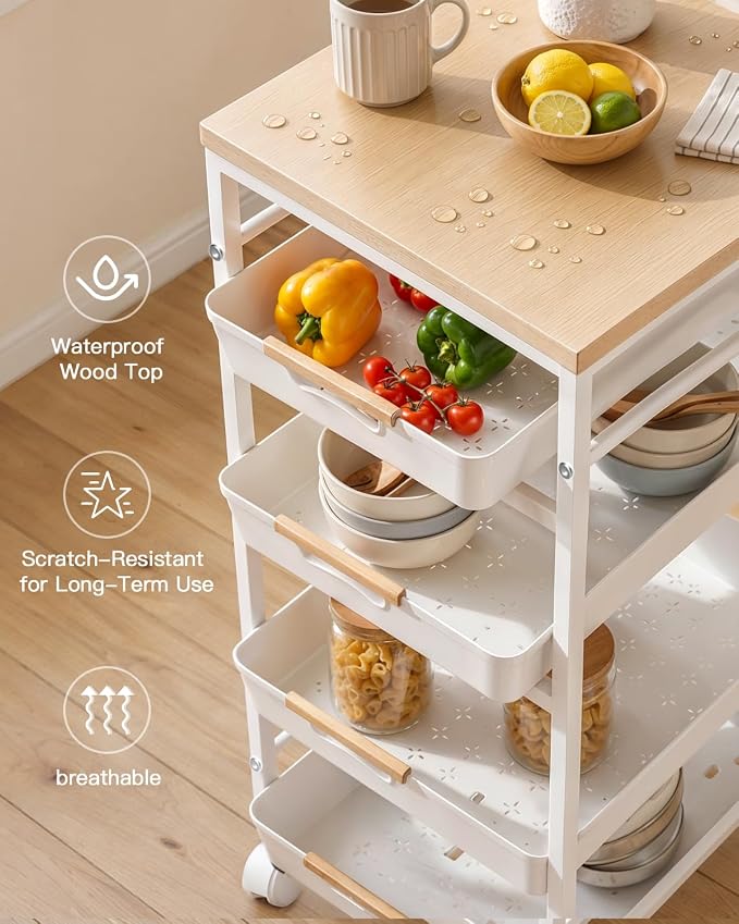 Pipishell Rolling Storage Cart with Drawers & Lockable Wheels, White | 5 Tier Kitchen Cart with Safety Stops & Vented Design, Wood Top, Pull-Out Utility Cart for Kitchen, Home Office, Bedside - Image 4