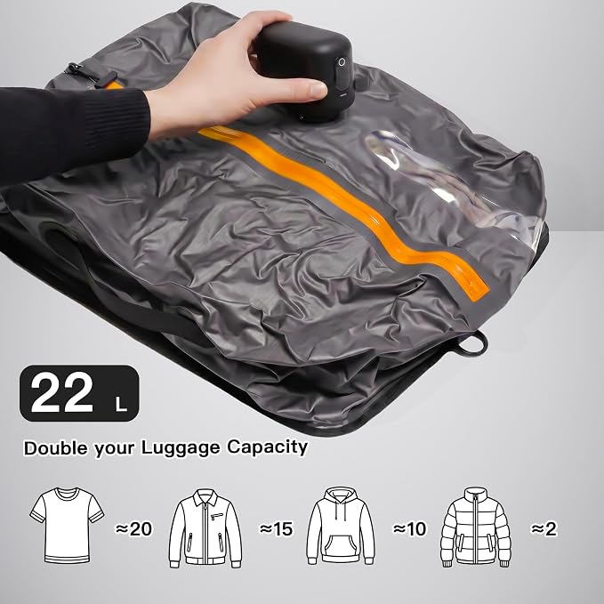 Travel Vacuum Bags With Pump, 2 Pack 22L Compression Kit For Clothes | IPX8 Waterproof; 3-5 Minute Compression; USB-C Cordless Pump; Up To 60-Minute Runtime; Saves Up To 60% Space; Airtight Seal - Image 2