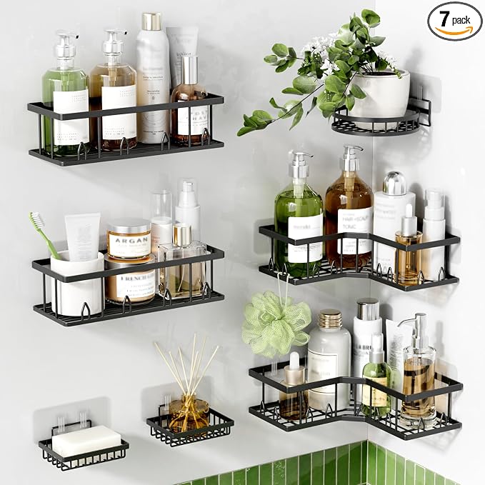 Shower Shelf Corner, 7-Pack Adhesive Shower Caddy, Metal Shower Caddy with Soap Holder, Black Shower Shelves No Drilling Bathroom Caddy for Shower, Home Decor Rv Accessories, Apartment by Dimyno
