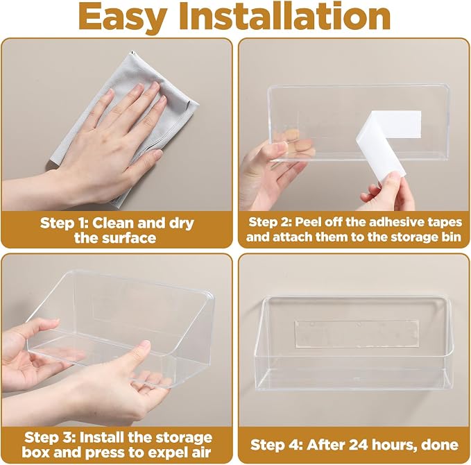 4 Pack Clear Wall Mounted Storage Organizer – No Drill Adhesive Shelves for Bathroom, Kitchen, Bedroom, Mirror Cabinets – Transparent PS Plastic Organizer Bins (7.9” x 3.4” x 3.3”) - Image 4