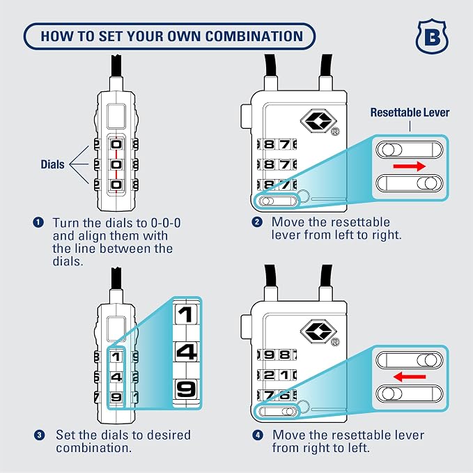 Brinks TSA Accepted Indicator Luggage Lock, Blue - Resettable 3-Dial Combination, 1.5 inch Long Cable Shackle, New More Secure TSA008 Key, 4 Pack - Image 6