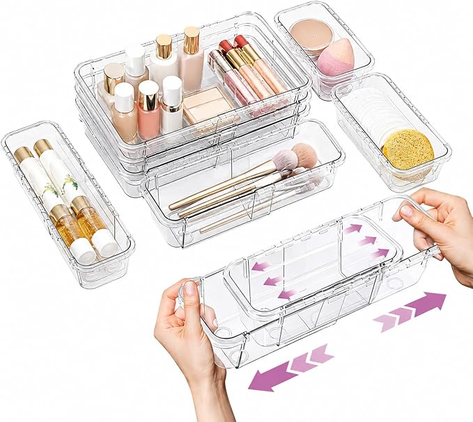 Clear Expandable Drawer Organizer Set, 16PCS Adjustable Drawer Organizers for Makeup, Cosmetics, Jewelry, Skincare, Bathroom, Kitchen & Dresser Storage, Transparent PET Drawer Storage Bins, 2 Sizes by Susbie
