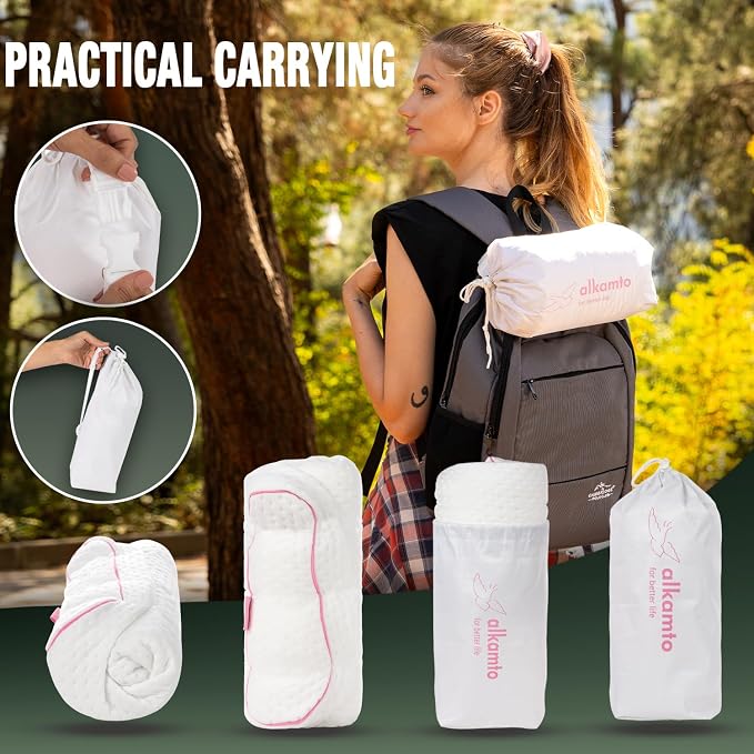 alkamto Travel & Camping Comfortable Memory Foam Pillow – Easy to Carry Portable Bag – Temperature Regulating Pillow Case (Pink Contour + Extra Cover) - Image 5