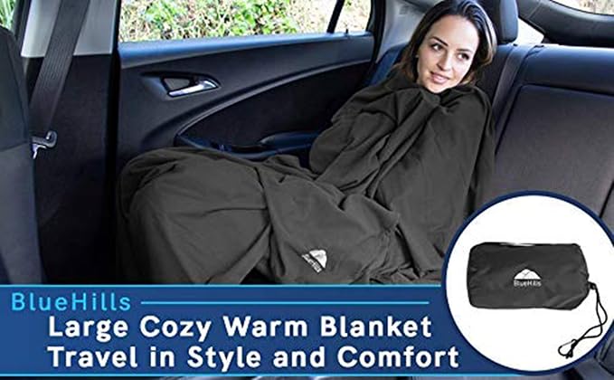 BlueHills Ultra Compact Travel Blanket Pillow 2 Pack Airplane 70X56In Black | Travel Blanket Pillows for 2, Matching Case, Luggage Belt & Backpack Clip, 70 X 56 Long, Must Have Airplane Travel Essentials - Image 9