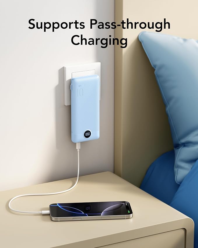 VRURC 10000mAh Portable Charger with Built-in Cables and AC Plug, Blue | 22.5W fast charge, LED display, Micro, USB-C and Phone cables, 4 outputs, 8 oz, airline approved - Image 8