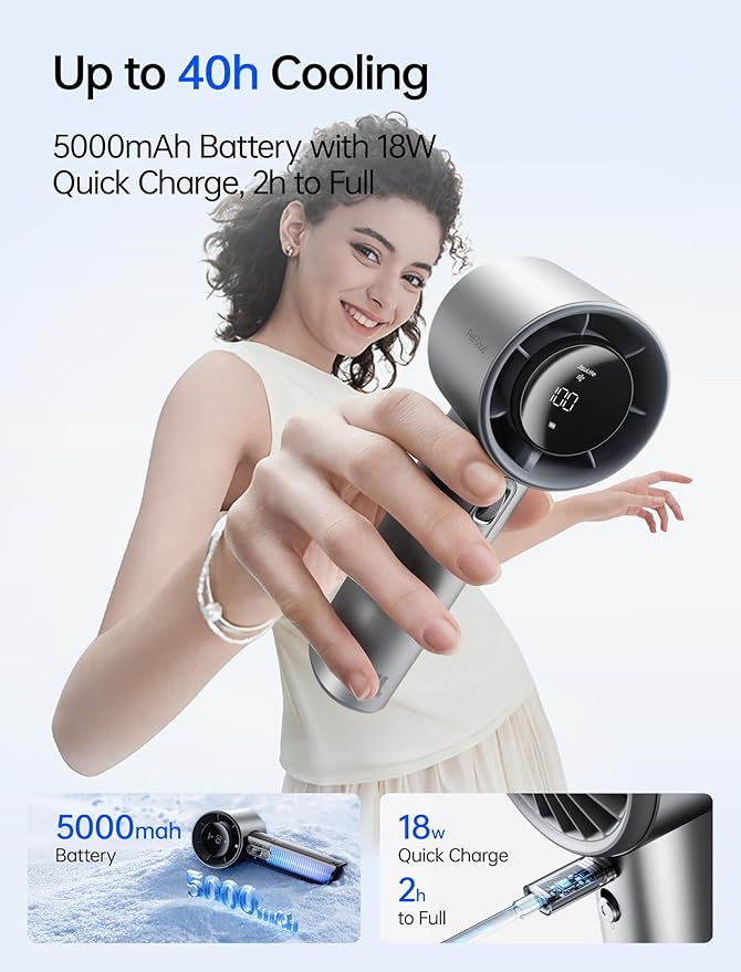 JISULIFE Handheld Fan Pro1S - Next-Gen Airflow: Up to 40H Runtime | Electroplated ABS-Luxury Shine, 1-100 Speed Scroll Wheel, 5000mAh-Portable Fan for Travel, Gifts for Women(Chrome Silver,1Pc) - Image 2