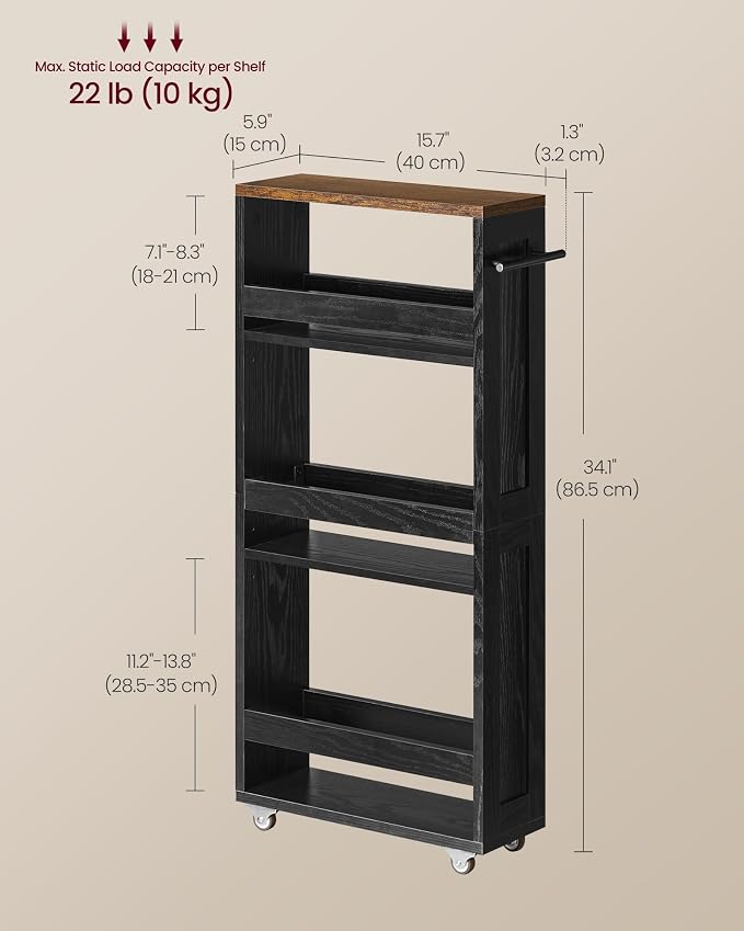 VASAGLE 4-Tier Slide-Out Storage Cart, Slim Kitchen Cart for Small Spaces, with Wheels, Handle, Bathroom, Laundry Room, 5.9 x 17 x 34.1 Inches, Ebony Black and Rustic Brown ULRC050K02 - Image 6