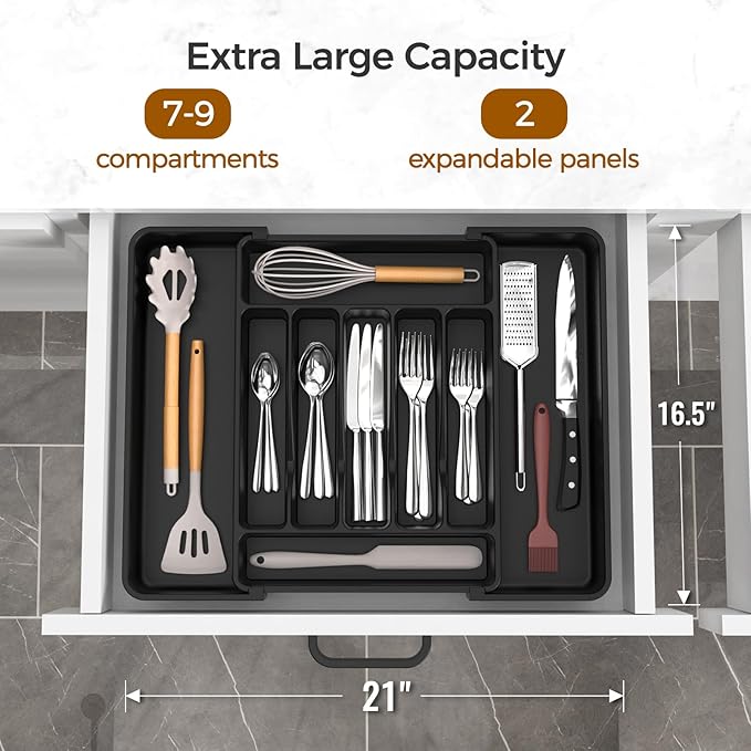 ukeetap Extra Large Expandable Silverware Organizer, Flatware Tray, Black | BPA-Free Food-Safe Kitchen Utensil Cutlery Drawer Organizer, Adjustable Silverware Holder for Spoons Forks Knives - Image 2