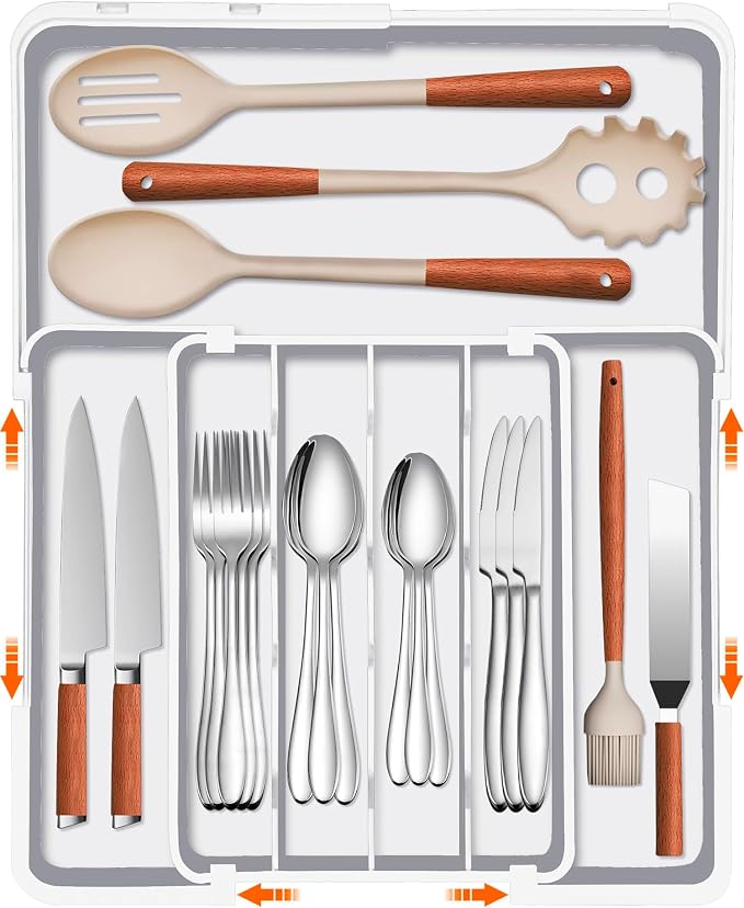 Silverware Drawer Organizer, Adjustable Utensil Tray for Kitchen Drawer, 19 x 15 Inches Flatware and Cutlery Holder, Expandable Plastic Storage for Spoons Forks Knives, 4-7 Slots, White by Spaclear