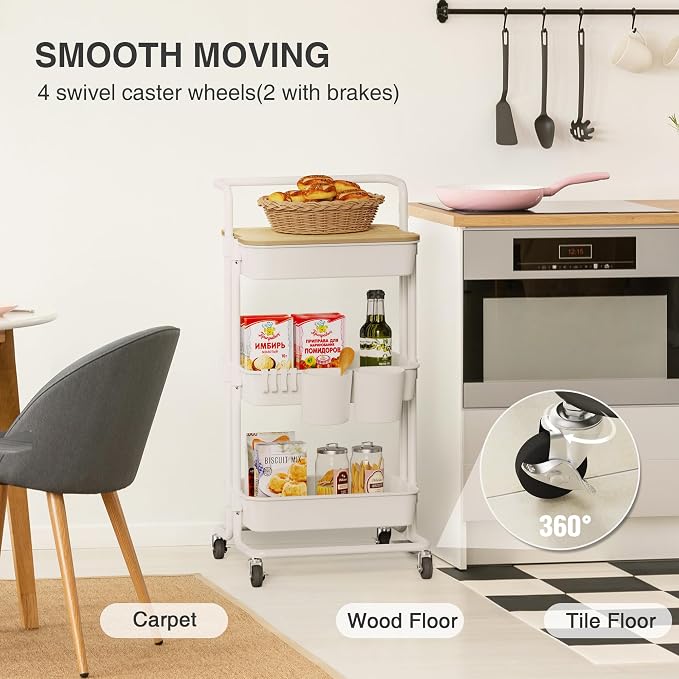 DTK 3 Tier Rolling Utility Cart with Cover Top Board, Movable Kitchen Storage Cart Trolley with Lockable Wheels, Cups, Hooks for Kitchen Bathroom Home Office Art Craft Storage and Organization(White) - Image 4