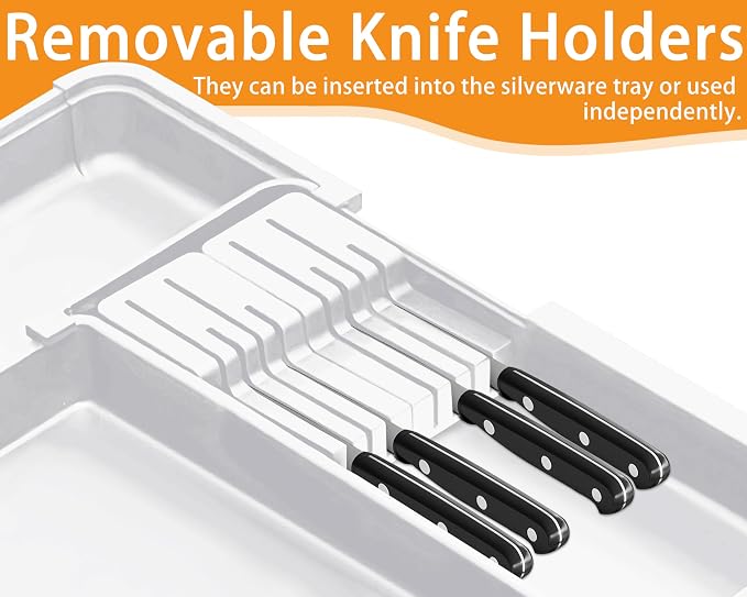 Homecor Kitchen Drawer Organizer Large Expandable Silverware Organizer, Utensil Holder and Flatware Tray, Kitchen Spatula Tools and Gadgets Storage with Removable Knife Blocks and 3 Dividers, White - Image 5