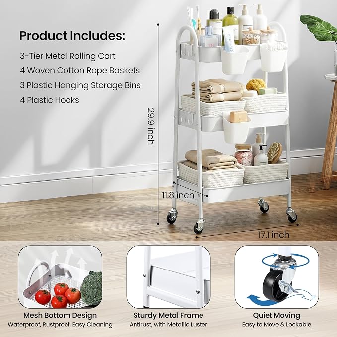 3-Tier Rolling Utility Cart with 4 Woven Baskets, Diaper Book Snack Cart, Storage Organizer for Nursery, Kitchen, Craft Room, Home SPA, Living Room, Metal Frame Trolley on Lockable Wheels, White - Image 2