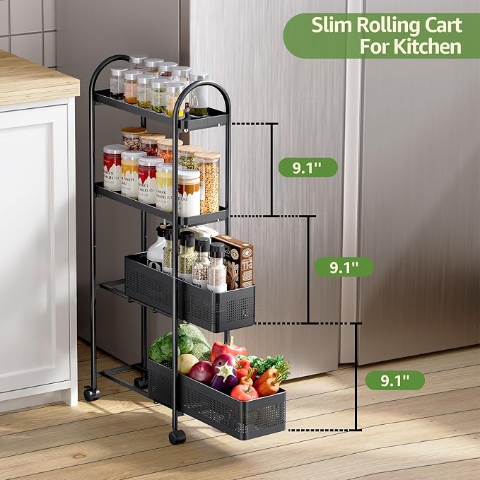 KINGRACK 4 Tier Slim Rolling Cart with Drawer, Metal Utility Storage Cart | 2 Pull-out Baskets, Lockable Wheels, Narrow Space Trolley Organizer for Bathroom, Kitchen, Office, Dorm, Laundry Room, Black - Image 8
