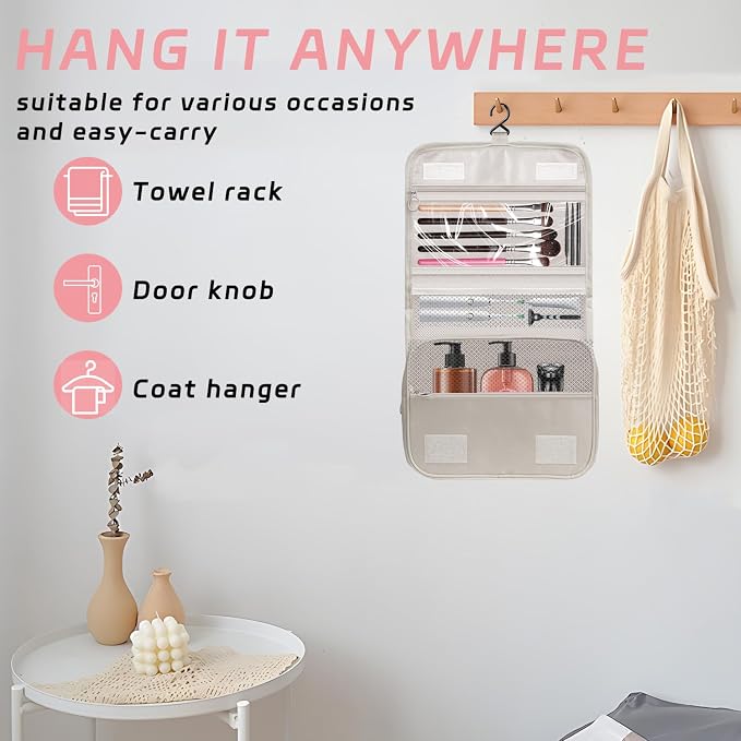 Toiletry Bag Travel Bag with Hanging Hook for Women and Men,Beige | Waterproof Small Capacity Hanging Multifunctional Makeup Bag for Toiletries, Portable Cosmetic Bag Travel Organizer - Image 5