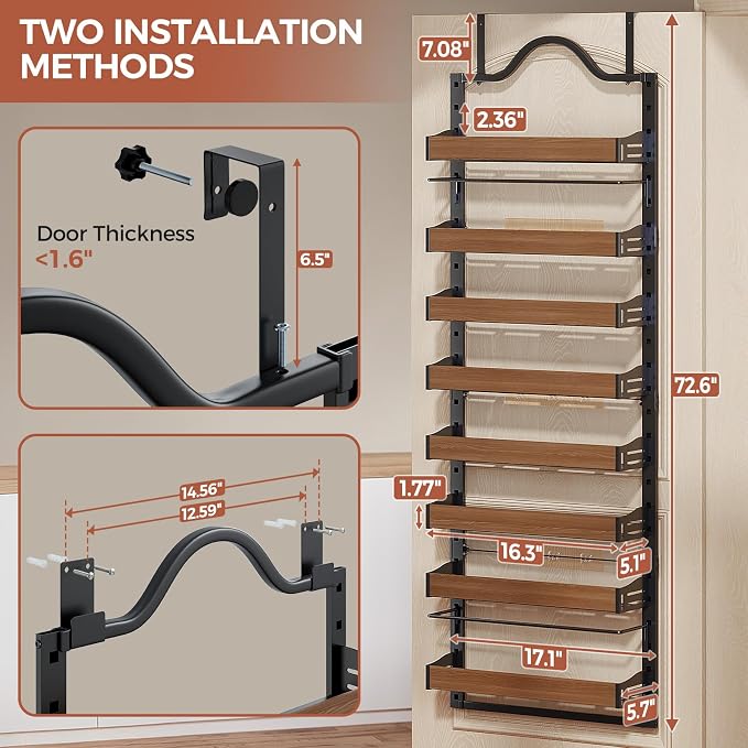 8-Tier Pantry Door Organizer, Over the Door Pantry Organizer with Wooden Adjustable Baskets, 2 IN 1 Spice Rack Wall Mount or Door Organizer, Door Spice Rack for Pantry（72.6×17.1×5.1in,Black) - Image 2