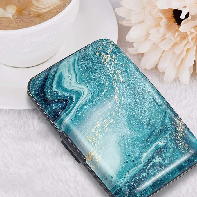 Coco Rossi Credit Card Holder RFID Aluminum Small Mini Wallet Women | Metal Wallet, Business Cards Holder, ID Case, Slim Sleeves, Womens Girls Gift, Carry Proof Wallets for Travel, Teal Marble - Image 7
