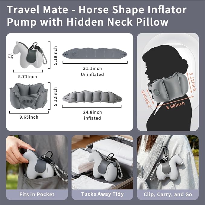 InfInflatable Travel Neck Pillow Built-in Pump & Cute Storage Bag | Adjustable Cervical Support Travel Pillow For Airplane, Train, Office, And Long Trips. Hygienic Fabric (Gray) - Image 5