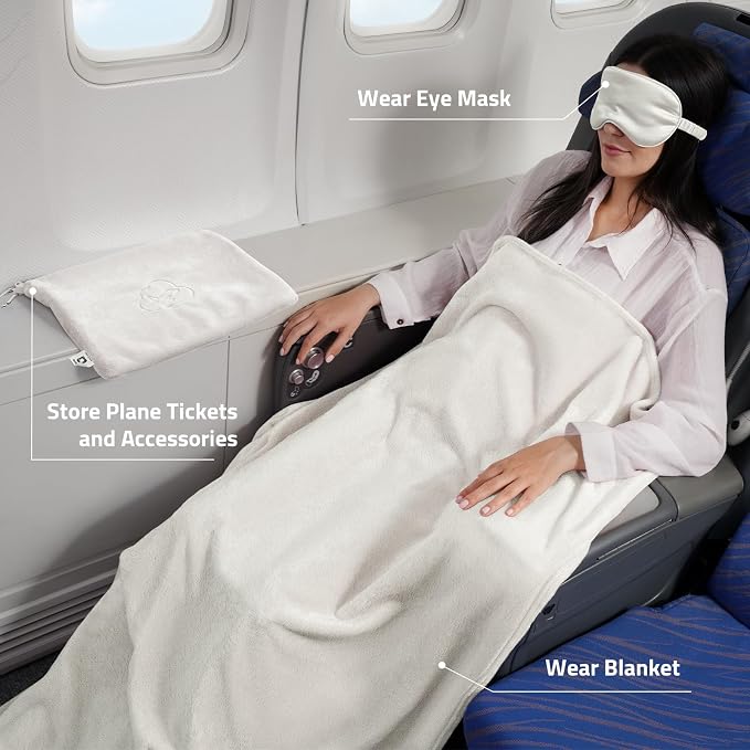 Travel Blanket, Airplane Blanket, Ultra-Soft, Warm & Lightweight, 65x40 in, Outdoor Blanket Essentials for Women, Men & Kids, Included Eye Mask, Luggage Sleeve & Backpack Clip Regular Cream - Image 2