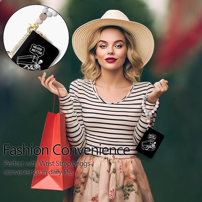 Blusabaca RFID Credit Card Holder Small Women Travel Wallet, Funny Skull | Removable Keychain, Case with Zipper, Vegan PU Leather, Cash Coin Pocket, Business Accordion Purse, Ladies Female Gift - Image 2