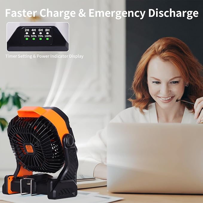 WESTTREE 20000mAh Battery powered fan Camping Fan essentials Portable fan Battery OperatedRechargeable Outdoor Tent with Light & Hook Personal USB Desk for Camping,Orange - Image 5