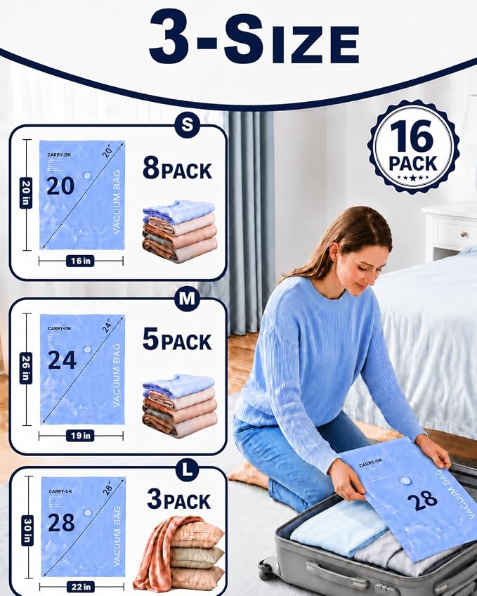 Vacuum Bags for Travel with Electric Pump,16 Pack Space Saver Clothes | 3 Sizes Portable Compression Seal for Travel, Moving & Seasonal Storage, Carry-On Bags for Luggage, Reusable, Leak-Proof - Image 2