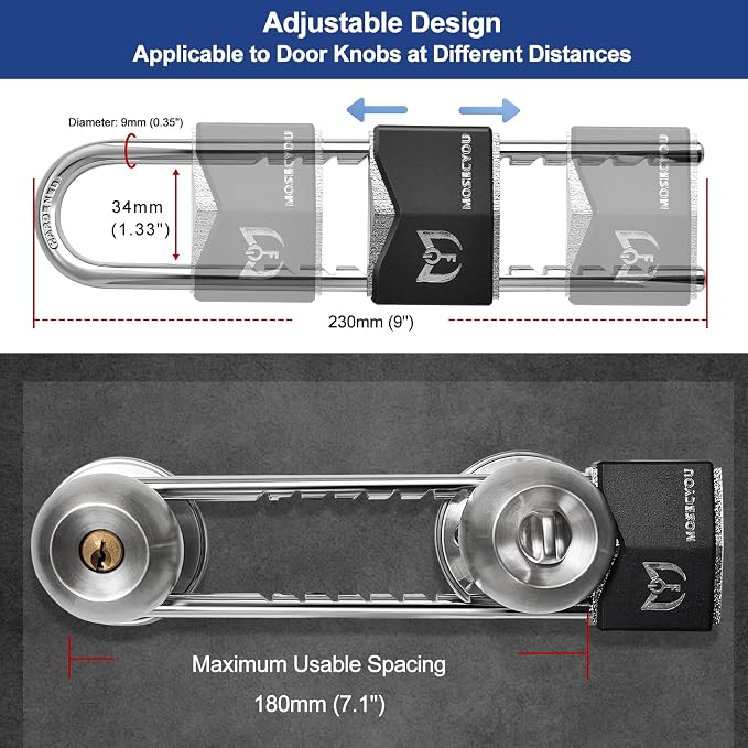 French Door Lock, Double Door Security Barricade Lock, Adjustable | All-Metal Construction, with Storage Pouch, Keyed Extra Door Lock for Doors with Double Handles/Knobs/Levers - Image 2
