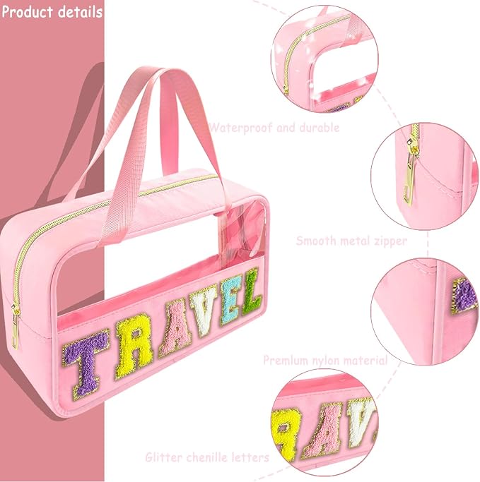 Bunliuys Chenille Letter Clear Makeup Bag Travel Patch, Travel Toiletry Makeup Bag with Handle, Nylon Waterproof Makeup Bags clear cosmetic bag, preppy patch makeup bag for Women (TRAVEL-Pink) - Image 3