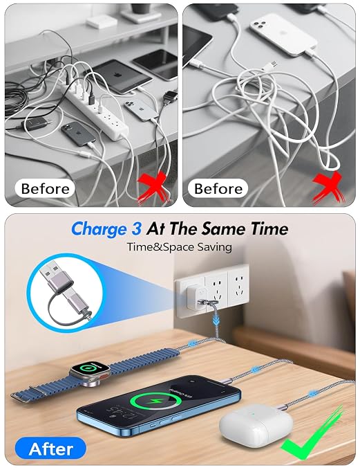 Travel Essentials for Apple Watch Charger,iPhone Charger,3 in 2 Type C/Lightning/Magnetic Travel Charging Cable,Portable Multi Charging Cable for Apple Watch, iPhone 17‑11,Samsung S26,Car,iPad - Image 5
