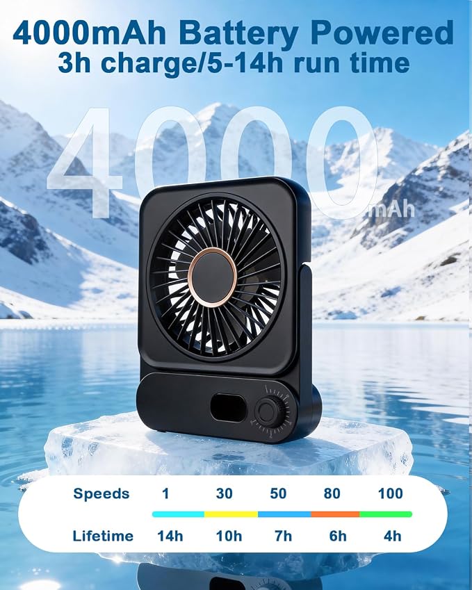 Magnetic Cruise Desk Mini Fan, 4000mAh Ultra-Slim Travel Fan Rechargeable, 0-100 Speeds, 150° Adjustable Portable Fan for Ship Cabin, Bedroom Sleeping, Camping, Travel & Cruise Essentials 2026, Black - Image 7