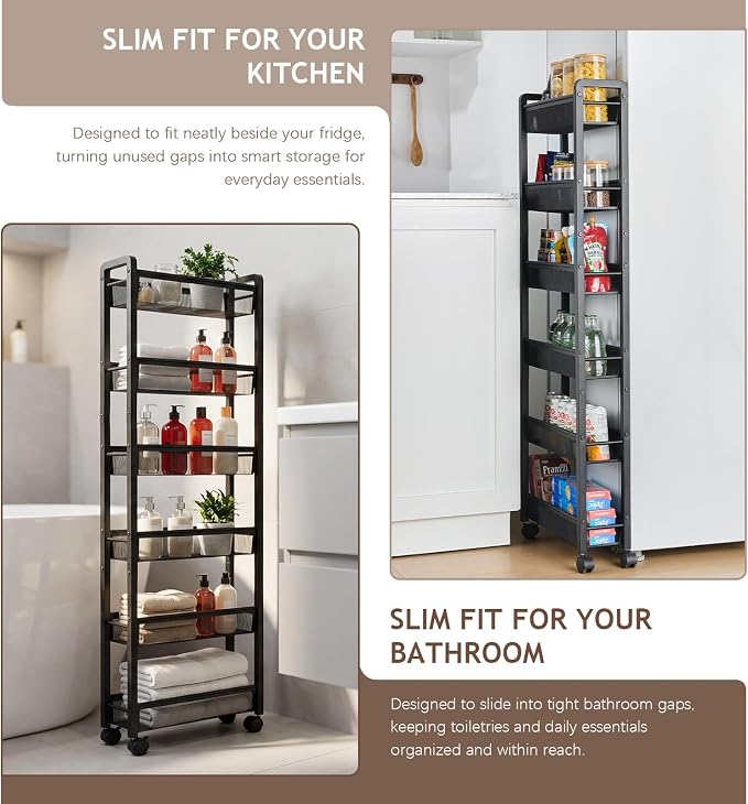 6 Tier Slim Rolling Storage Cart, Narrow Kitchen Storage Cart, Spice Rack Organizer with Wheels, Space Saving Shelf for Living Room, Laundry Room, Bathroom, Narrow Spaces - Image 3