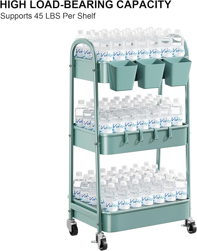 3 Tier Green Metal Rolling Cart with Lockable Wheels and Handle, 3 Tiered | Utility Storage Organizer Carts for Teacher, Arts, Craft, Snack, Book, Bedside, Nursery, Cleaning Supplies,Dorm,Easy Assembly - Image 8