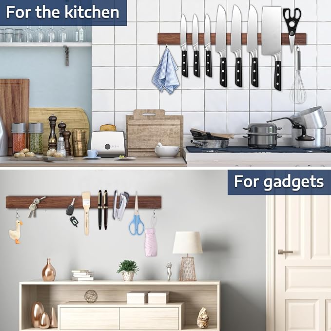 Dmore magnetic knife holder for wall—with 2 hooks, No Drilling 23 Inch walnut knife magnetic strip, Powerful knife magnet rack, include Adhesive Tape and screws for Knives, Utensils, and Tools - Image 7
